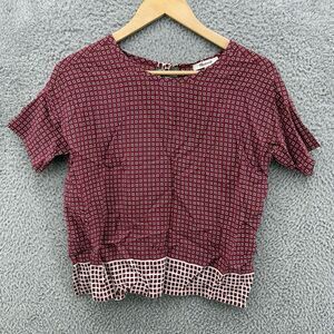 Madewell Women's Size XXS Blouse‎ Top Short Sleeve Red Geometric Silk Round Neck